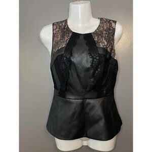 BCBGMAXAZRIA Shirt Womens Small Black Laine Faux Leather Lace Peplum Top